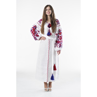 Boho Style Ukrainian Embroidered Dress "Boho Birds" red on white 